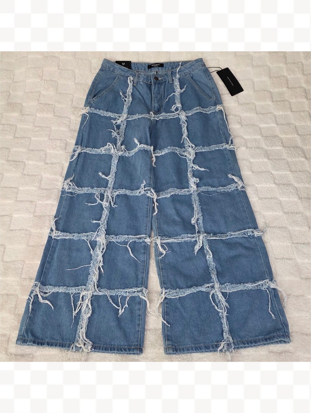 Dolls Kill Patchwork Exposed Stitching Denim Wide Leg Jeans Light Wash SizeM NWT